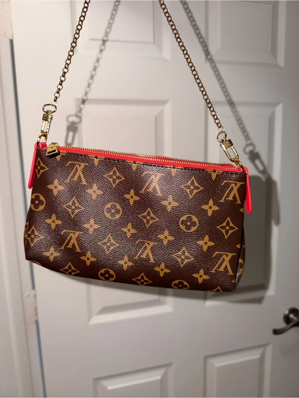 Louis Vuitton Monogram Canvas Crossbody with Bright Red Trim and Gold Chain